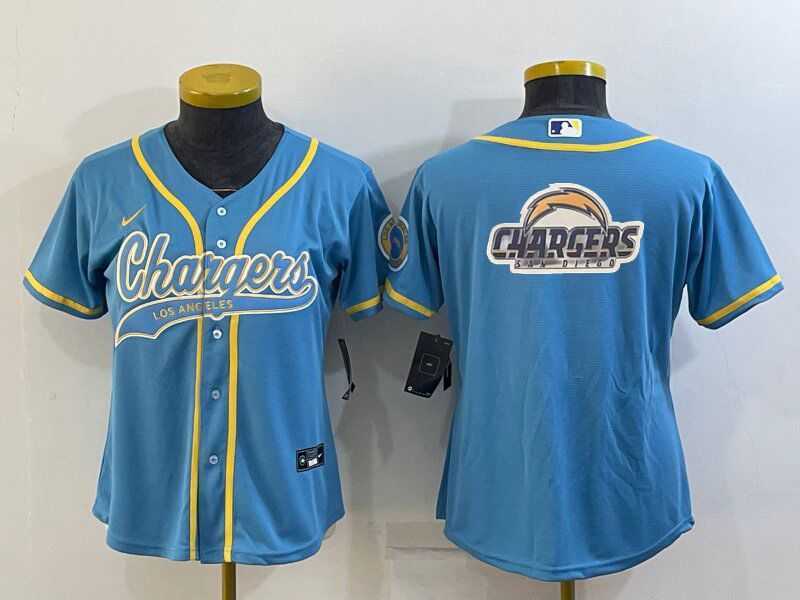 Women%27s Los Angeles Chargers Light Blue Team Big Logo With Patch Cool Base Stitched Baseball Jersey